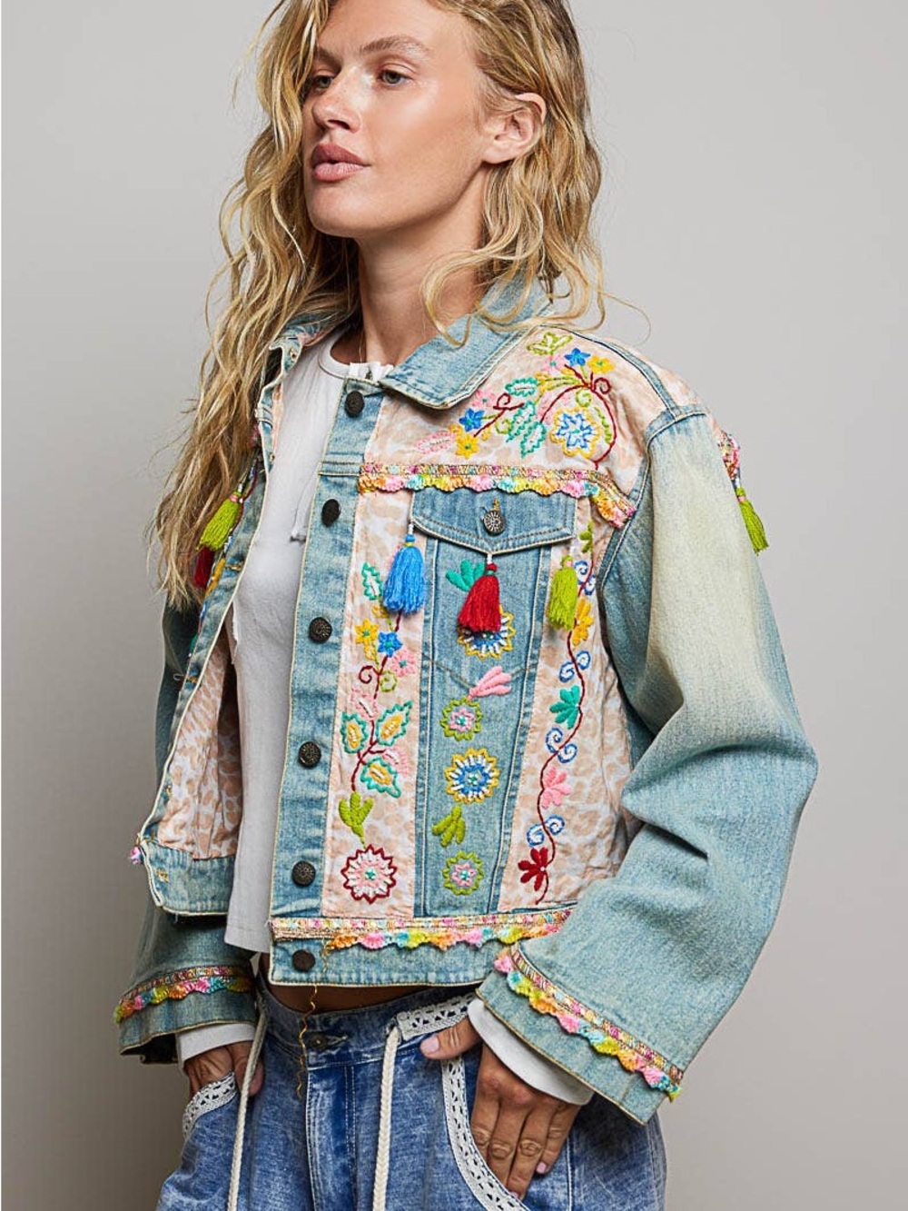 POL Embellished Light Blue Denim Jacket with Multicolor Tassels